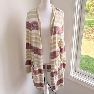 Eddie Bauer Cardigan Large Boho Striped Tan Red‎ Cotton Open Front Pockets
